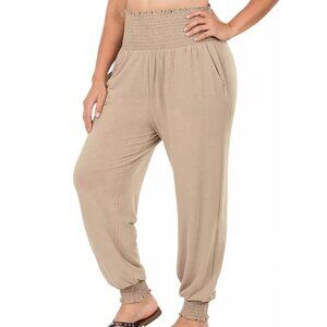 Zenana High-Waisted Smocked Waistband Joggers Buttery Soft Stretch 2X Beige